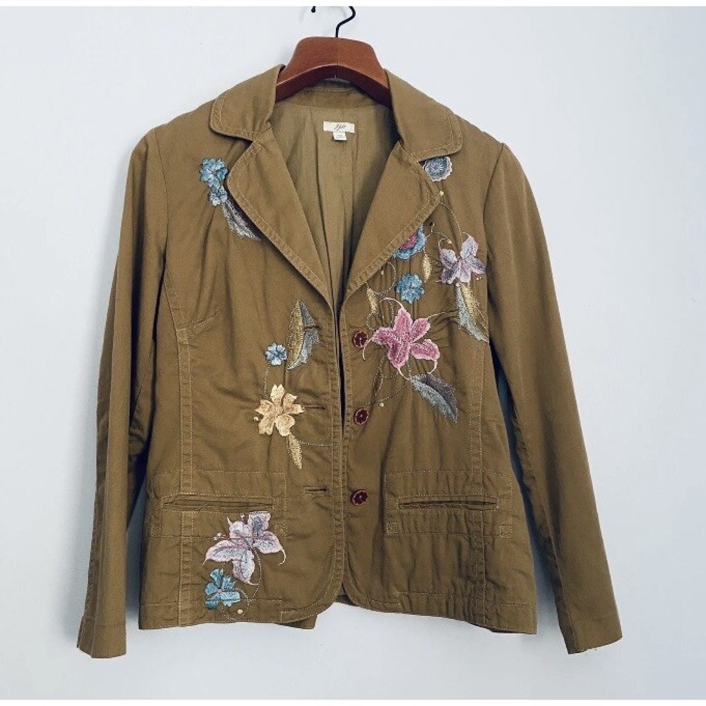 J Jill Womens Floral Embroidered Brown Jacket Lined Size XS
